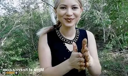 Russian girl eats her shit in the forest